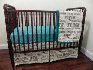 Cowboy Baby Bedding Set Brett - Western Crib Bedding in Brown and Teal, Boy Baby Bedding, Crib Rail Cover