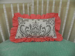 Gray Damask with Coral Accent Pillow