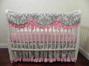 Gray and Pink Girl Baby Bedding Set Brooke in Pink - Girl Crib Bedding, Crib Rail Cover
