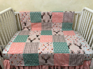 Baby Girl Woodland Deer Patchwork Baby Blanket in Coral and Mint