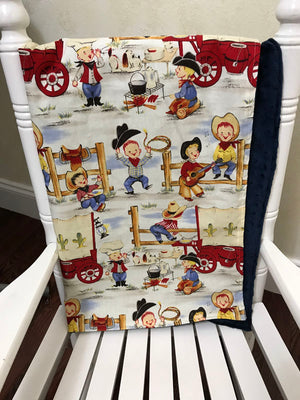 Car Seat Blanket - Little Cowboys with Navy