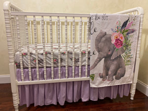 Baby Girl Boho Floral Elephant Crib Bedding- Lavender and Gray Elephant Baby Girl Bedding