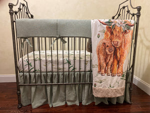 Girl Crib Bedding, Linen and Highland Cow Floral Baby Bedding