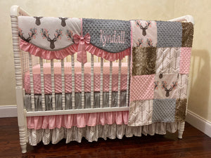 Girl Woodland Crib Bedding, Girl Deer Baby Bedding, Pink, Gray, and Khaki Woodland Baby Bedding