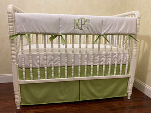 White and Green Baby Boy Bedding - Boy Crib Bedding, Green Crib Bedding, Crib Rail Cover Set