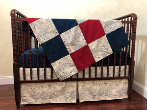 Airplane Bedding Set - Boy Baby Bedding, Air Traffic Map Crib Bedding in Cream with Navy Blue and Crimson