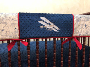 Airplane Bedding Set - Boy Baby Bedding, Air Traffic Map Crib Bedding in Cream with Navy Blue and Crimson