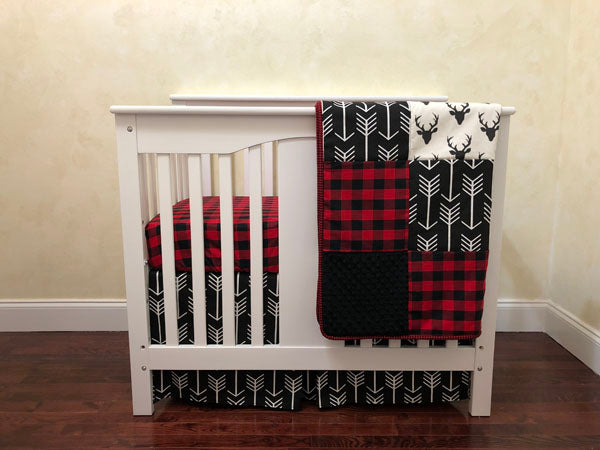 Black Buck and Red Plaid Mini Crib Bedding Set Boy Baby Bedding, Woodland Mini Crib Bedding