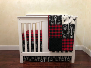Black Buck and Red Plaid Mini Crib Bedding Set - Boy Baby Bedding, Woodland Mini Crib Bedding