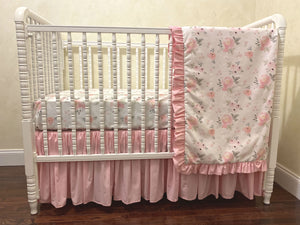 Pink Blush Roses Girl Crib Bedding Set - Girl Baby Bedding, Crib Rail Cover Set