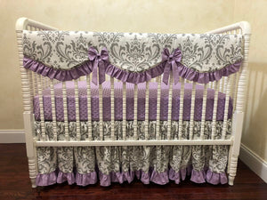 Gray and Lavender Girl Baby Bedding Set Brooke in Lavender - Girl Crib Bedding, Crib Rail Cover