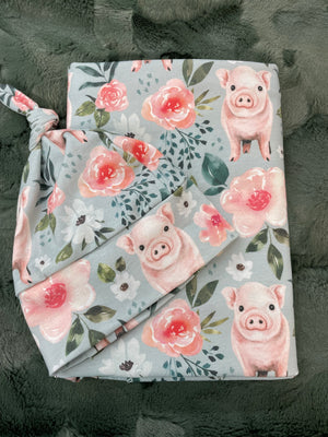 Floral and Pigs Swaddle Blanket and Knot Hat Set, Headband Bow