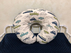 Vintage Cars with Navy Minky Dot Nursing Pillow Cover