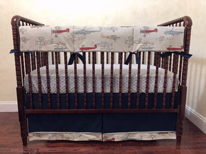 Airplane Crib Bedding Set - Boy Baby Bedding, Vintage Airplane Bedding in Navy and Gray
