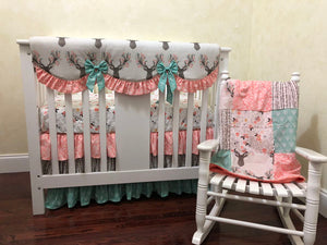 Floral Deer Mini Crib Bedding Set - Girl Mini Crib Baby Bedding in Coral and Mint