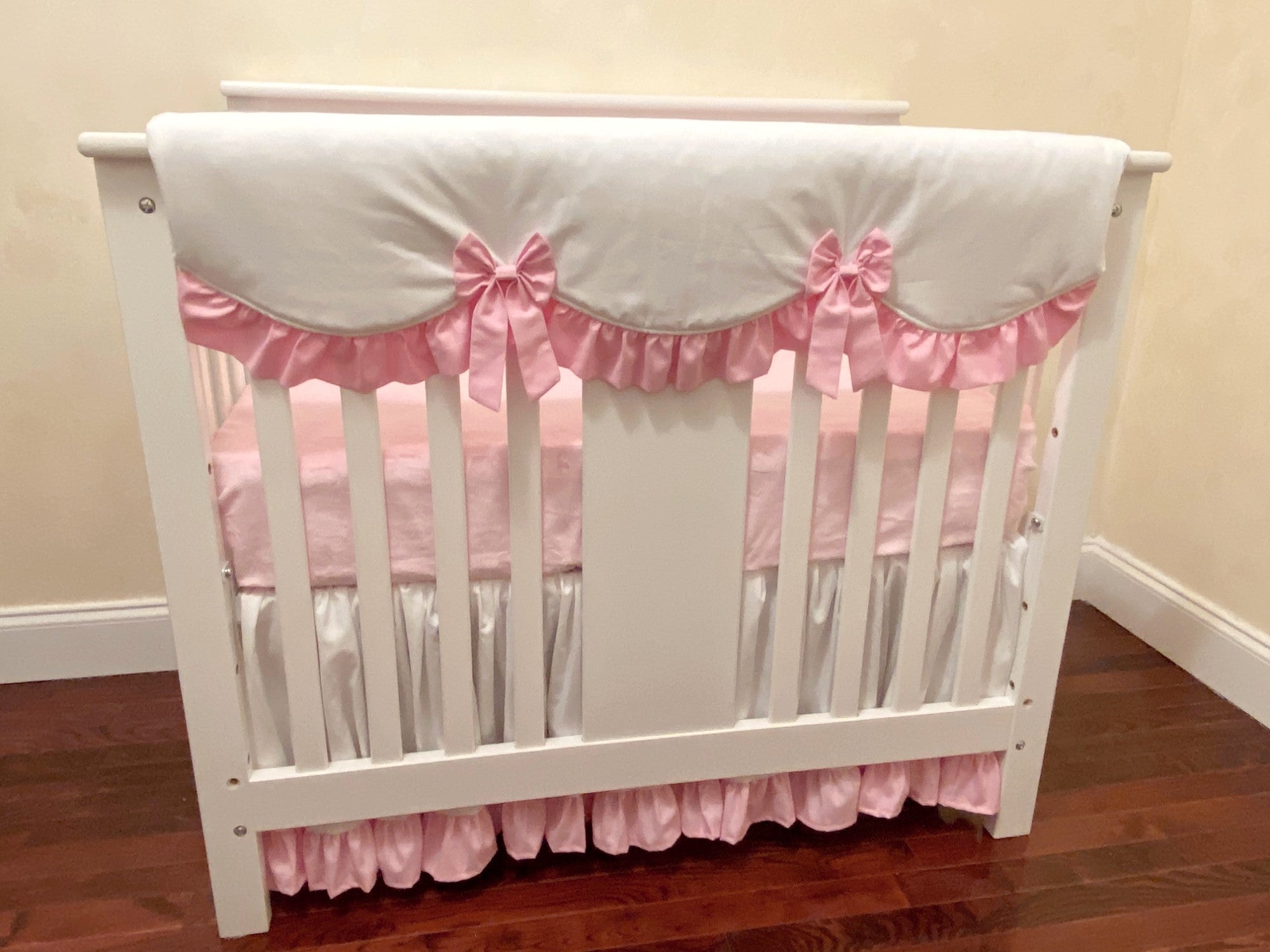 White and Pink Mini Crib Bedding Baby Girl Mini Crib Bedding, Crib Rail Cover, Mini Crib Skirt