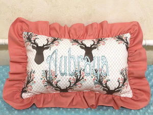 Floral Deer with Coral and Aqua Accent Pillow