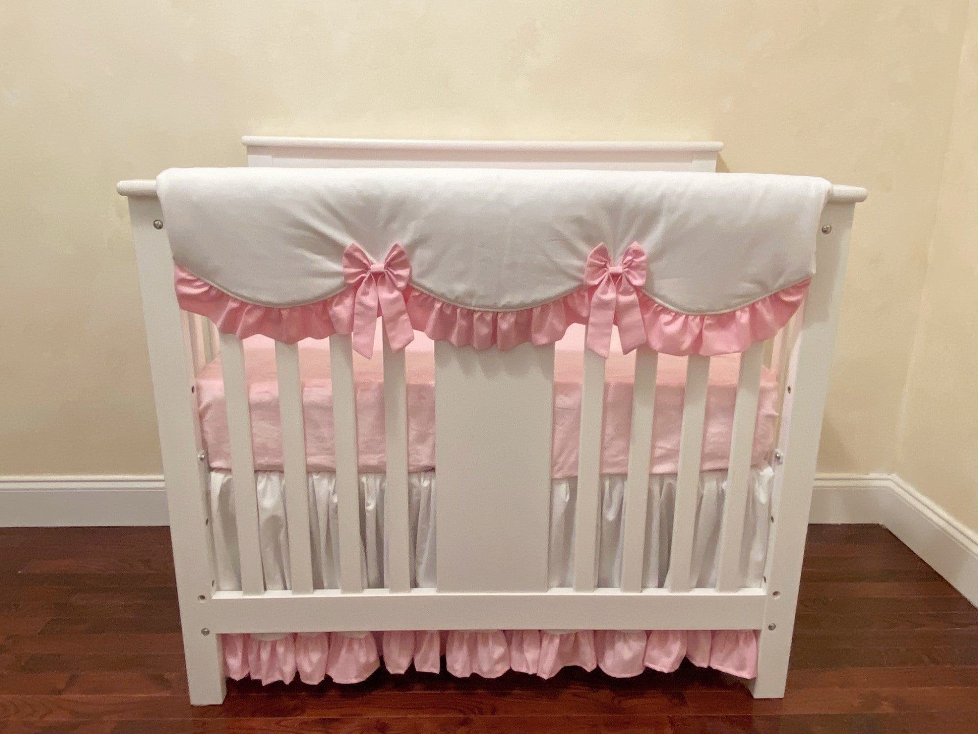 White and Pink Mini Crib Bedding Baby Girl Mini Crib Bedding, Crib Rail Cover, Mini Crib Skirt