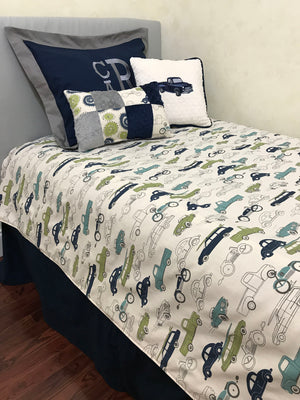 Vintage Cars and Trucks Kid Bedding with Navy