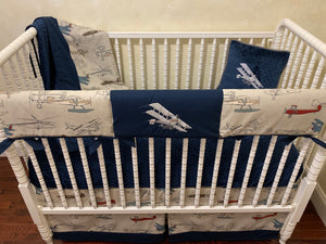 Airplane Crib Bedding Set - Boy Baby Bedding, Vintage Airplane Baby Bedding in Gray and Navy