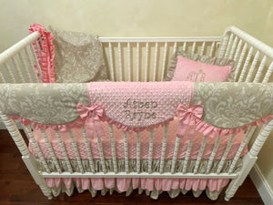 Khaki Linen Damask with Pink Girl Baby Bedding, Girl Crib Bedding, Crib Rail Cover with Ruffled Skirt