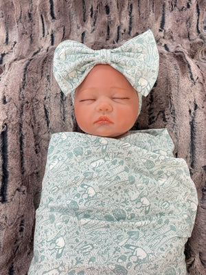 Newborn Woodland Toile Swaddle Blanket and Knot Hat Set, Headband Bow