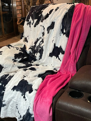 Minky Adult Blanket, Black and White Cow and Smooth Hot Pink Minky, Teen Blanket, Dorm Blanket