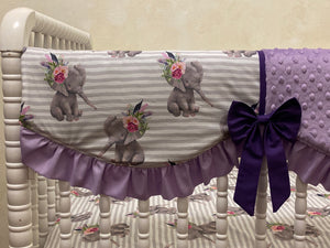 Boho Floral Elephant Girl Crib Bedding- Lavender and Gray Elephant Baby Girl Bedding