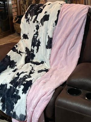 Minky Adult Blanket, Black and White Cow and Light Pink Luxe Minky, Teen Blanket, Dorm Blanket