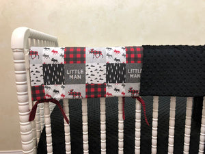 Little Man Moose Woodland Crib Bedding Set in Red and Black - Boy Baby Bedding, Crib Rail Cover