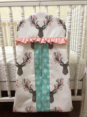 Diaper Stacker - Hanger Style in Floral Deer with Coral and Mint