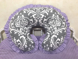 Gray Damask and Lavender Nursing Pillow Cover with Ruffle