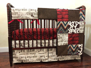 Baby Boy Cowboy Crib Bedding, Western Nursery Bedding in Red, Brown, and Cream