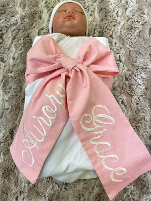 Personalized Baby Swaddle Bow Sash, Solid Cotton, Choose Your Color