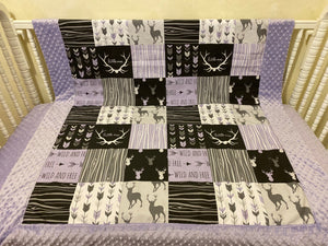 Baby Girl Woodland Deer Blanket in Lavender, Black, and Gray