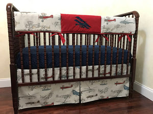 Airplane Crib Bedding Set Talbot - Boy Baby Bedding, Airplane Baby Bedding in Gray, Crimson, and Navy