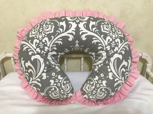 Gray Damask and Pink Baby Girl Crib Bedding, Gray and Pink Girl Baby Bedding