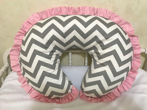 Gray Chevron and Light Pink Nursing Pillow Cover with Ruffle
