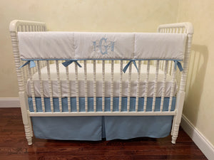 Light Blue and White Baby Boy Crib Bedding, Crib Rail Cover Set