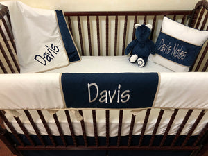 Baby Boy Crib Bedding Set Davis - Ivory, Navy Blue, and Tan Baby Bedding, Crib Rail Cover