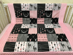 Baby Girl Woodland Deer Blanket in Pink, Black, and Gray