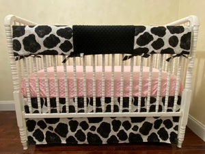 Cow Crib Bedding, Baby Girl Cow Crib Bedding, Black and White Cow Bedding with Pink