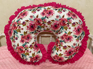 Hot Pink Floral Nursing Pillow Cover with Ruffle