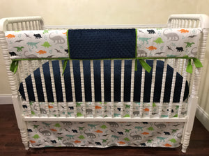 Dinosaur Crib Bedding Set - Boy Baby Bedding, Dinosaur Baby Bedding with Navy Blue and Lime Green