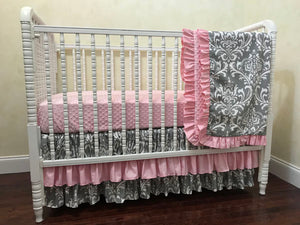 Gray Damask and Pink Girl Baby Bedding Set Aubrianna - Girl Crib Bedding, Crib Rail Cover with Ruffled Skirt