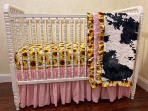 Girl Baby Bedding, Sunflower and Cow Minky with Pink Crib Bedding