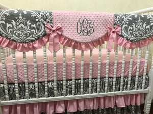 Gray Damask and Pink Girl Baby Bedding Set Aubrianna - Girl Crib Bedding, Crib Rail Cover with Ruffled Skirt