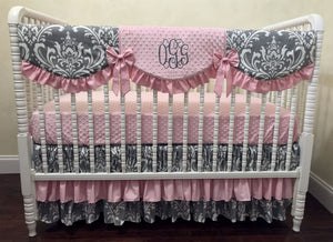 Gray Damask and Pink Baby Girl Crib Bedding, Gray and Pink Girl Baby Bedding