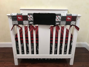 Moose and Bears Mini Crib Bedding Set - Boy Baby Bedding, Woodland Mini Crib Bedding in Red and Black