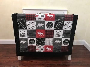 Moose and Bears Mini Crib Bedding Set - Boy Baby Bedding, Woodland Mini Crib Bedding in Red and Black